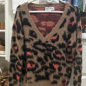 Wildfox V-Neck Leopard Sweater - Brown and Pink